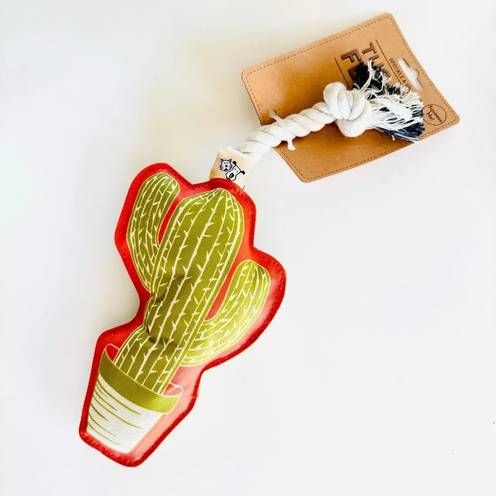 NEW BARK BOX Olive Green Orange Cactus Squeak Rope Tug Dog Pet Puppy Toy